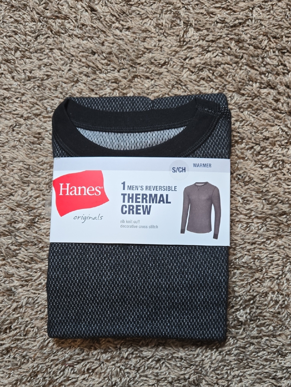 Hanes Originals Men's Reversible Thermal Crew Small Long Sleeve Shirt Top